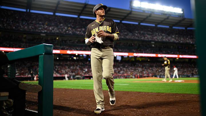 Apr 17, 2026; Anaheim, California, USA; San Diego Padres third baseman Manny Machado (13) looks on after being called out following an ABS challenge during the fourth inning against the Los Angeles Angels at Angel Stadium. Mandatory Credit: William Liang-Imagn Images