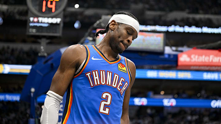 Mar 1, 2026; Dallas, Texas, USA; Oklahoma City Thunder guard Shai Gilgeous-Alexander (2) looks on during the game between the Mavericks and the Thunder at American Airlines Center. Mandatory Credit: Jerome Miron-Imagn Images