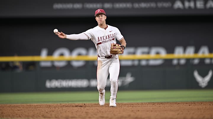 Feb 23, 2025; Arlington, TX, USA; The Michigan Wolverines play the Arkansas Razorbacks during the Amegy Bank College Baseball Series presented by Kubota Weekend 2 at Globe Life Field. Mandatory Credit: Jerome Miron-Imagn Images