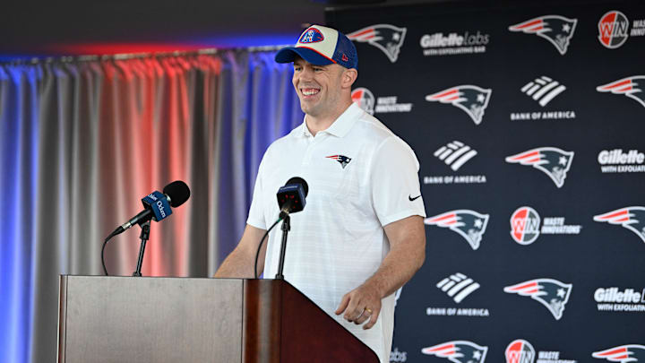 Mar 13, 2025; Foxborough, MA, USA; New England Patriots linebacker Robert Spillane discusses his recent free agent addition to the Patriots with the media at Gillette Stadium. Mandatory Credit: Eric Canha-Imagn Images