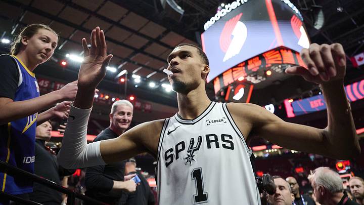 Apr 26, 2026; Portland, Oregon, USA; San Antonio Spurs forward Victor Wembanyama (1) walks off the court after a game against the Portland Trail Blazers during game four of the first round of the 2026 NBA Playoffs at Moda Center. Mandatory Credit: Troy Wayrynen-Imagn Images