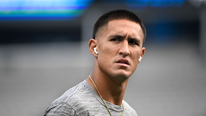 Aug 8, 2025; Charlotte, North Carolina, USA;  Carolina Panthers wide receiver Tetairoa McMillan (4) before the game at Bank of America Stadium. Mandatory Credit: Bob Donnan-Imagn Images