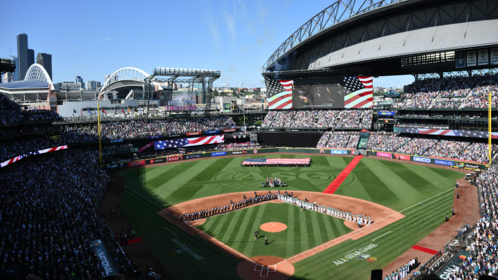 Jul 11, 2023; Seattle, Washington, USA; A general view of pre game ceremonies before the first inning at T-Mobile Park. Mandatory Credit: Steven Bisig-USA TODAY Sports Jul 11, 2023; Seattle, Washington, USA; A general view of pre game ceremonies before the first inning at T-Mobile Park. Mandatory Credit: Steven Bisig-USA TODAY Sports