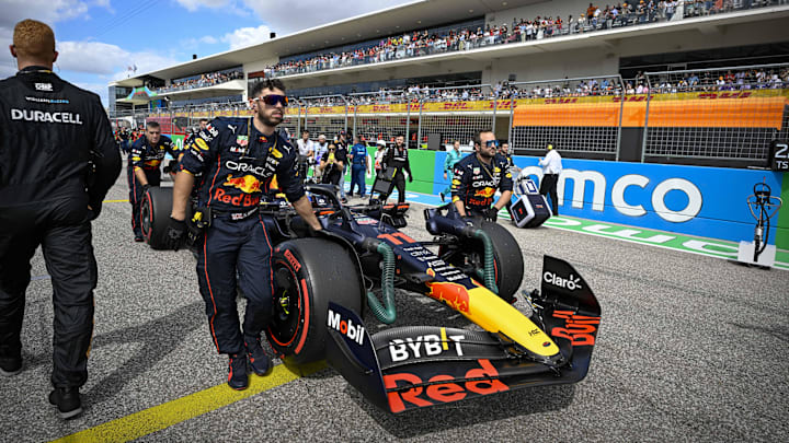 Oct 23, 2022; Austin, Texas, USA; The crew of Red Bull Racing Limited driver Sergio Perez (11) of Oct 23, 2022; Austin, Texas, USA; The crew of Red Bull Racing Limited driver Sergio Perez (11) of