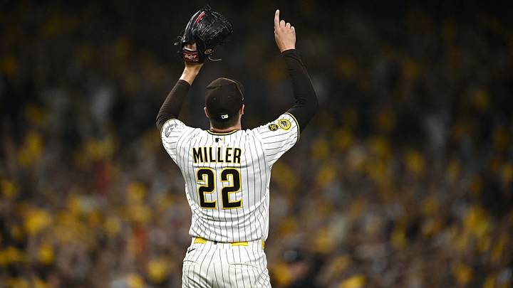 Sep 30, 2026; San Diego, California, USA;  San Diego Padres pitcher Mason Miller (22) reacts after defeating against the Chicago Cubs in game two of the Wildcard round for the 2026 MLB Playoffs at Petco Park.  Mandatory Credit: Denis Poroy-Imagn Images