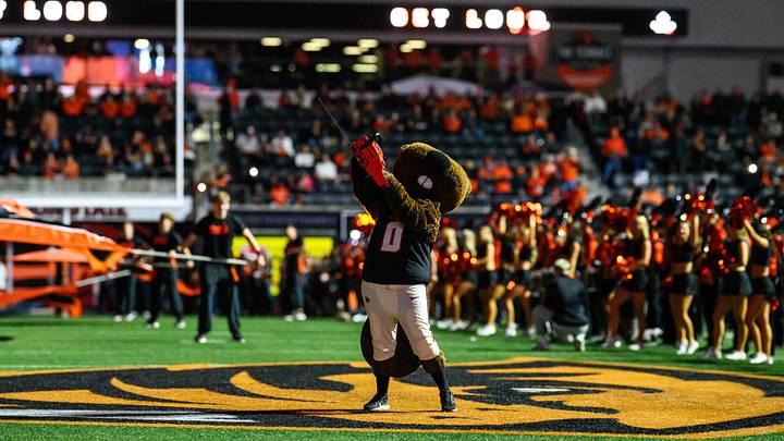 Oct 18, 2025; Corvallis, Oregon, USA; Oregon State Beavers mascot Benny Beaver on the field during pregame ceremonies at Reser Stadium. Mandatory Credit: Craig Strobeck-Imagn Images