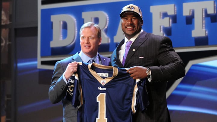 Apr 25, 2009; New York, NY, USA; NFL commissioner Roger Goodell introduces tackle Jason Smith (Baylor) as the number 2 overall pick to the St. Louis Rams in the 2009 NFL Draft at Radio City Music Hall in New York City. Mandatory Credit: James Lang-Imagn Images Apr 25, 2009; New York, NY, USA; NFL commissioner Roger Goodell introduces tackle Jason Smith (Baylor) as the number 2 overall pick to the St. Louis Rams in the 2009 NFL Draft at Radio City Music Hall in New York City. Mandatory Credit: James Lang-Imagn Images