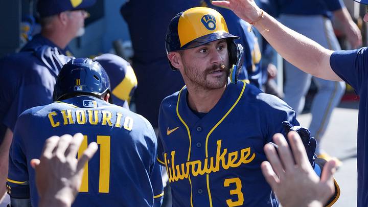 Aug 15, 2026; Los Angeles, California, USA; Milwaukee Brewers shortstop Joey Ortiz (3) celebrates a two run home run against the Los Angeles Dodgers during the second inning at Dodger Stadium. Mandatory Credit: Kirby Lee-Imagn Images