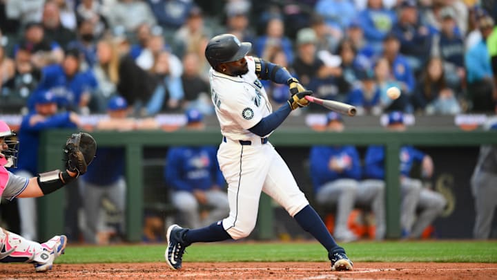 Seattle Mariners outfielder Randy Arozarena hits a double against the Toronto Blue Jays on May 10 at T-Mobile Park.