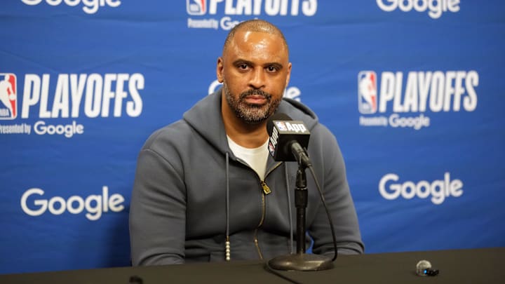 Apr 18, 2026; Los Angeles, California, USA; Houston Rockets head coach Ime Udoka at press conference during game one of the first round of the 2026 NBA Playoffs against the Los Angeles Lakers at Crypto.com Arena. Mandatory Credit: Kirby Lee-Imagn Images