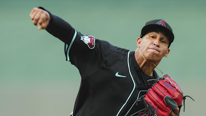 Jul 22, 2024; Kansas City, Missouri, USA; Arizona Diamondbacks starting pitcher Yilber Diaz (45) warms up during the first inning against the Kansas City Royals at Kauffman Stadium. Mandatory Credit: Jay Biggerstaff-Imagn Images
