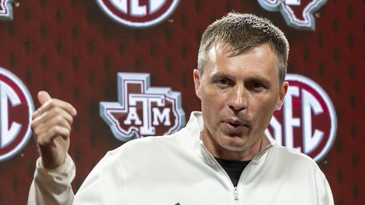 Oct 15, 2025; Birmingham, AL, USA; Texas A&M Aggies head coach Bucky McMillan talks with the media during SEC Media Days at Grand Bohemian Hotel. Mandatory Credit: Vasha Hunt-Imagn Images