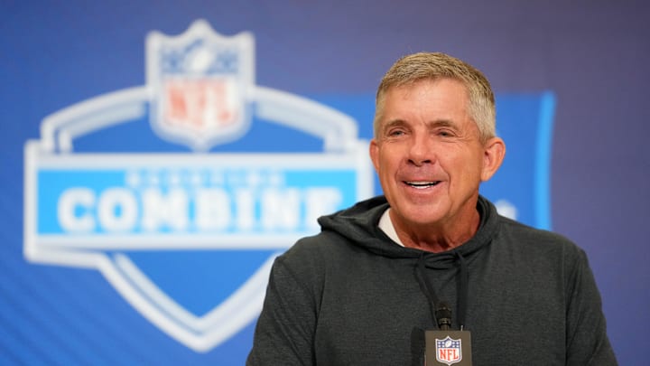 Feb 24, 2026; Indianapolis, IN, USA; Denver Broncos coach Sean Payton speaks at the NFL Scouting Combine at the Indiana Convention Center. Mandatory Credit: Kirby Lee-Imagn Images