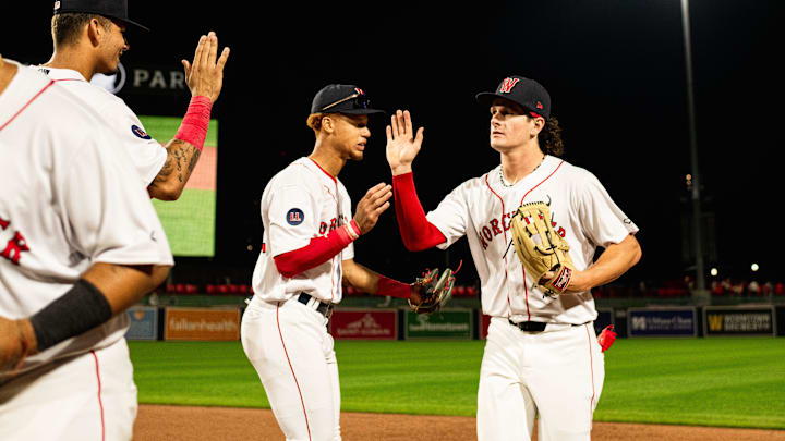 Roman Anthony high fives WooSox teammates following the Triple-A club's 12-2 win over Toledo on Tuesday at Polar Park. Roman Anthony high fives WooSox teammates following the Triple-A club's 12-2 win over Toledo on Tuesday at Polar Park.