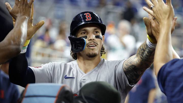Aug 24, 2026; Miami, Florida, USA; Boston Red Sox left fielder Jarren Duran (16) celebrates in the dugout against the Miami Marlins during the fifth inning at loanDepot Park. Mandatory Credit: Rhona Wise-Imagn Images Aug 24, 2026; Miami, Florida, USA; Boston Red Sox left fielder Jarren Duran (16) celebrates in the dugout against the Miami Marlins during the fifth inning at loanDepot Park. Mandatory Credit: Rhona Wise-Imagn Images