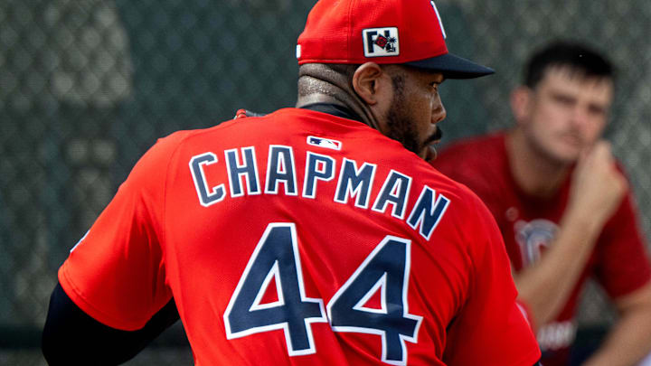 Boston Red Sox pitcher Aroldis Chapman (44) during the first day of spring training at Jet Blue Park at Fenway South on Feb. 12.