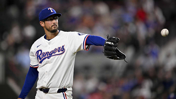 Jul 2, 2025; Arlington, Texas, USA; Texas Rangers relief pitcher Dane Dunning (33) pitches against the Baltimore Orioles during the ninth inning at Globe Life Field.