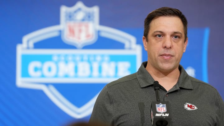 Feb 24, 2026; Indianapolis, IN, USA; Kansas City Chiefs general manager Brett Veach speaks at the NFL Scouting Combine at the Indiana Convention Center. Mandatory Credit: Kirby Lee-Imagn Images Feb 24, 2026; Indianapolis, IN, USA; Kansas City Chiefs general manager Brett Veach speaks at the NFL Scouting Combine at the Indiana Convention Center. Mandatory Credit: Kirby Lee-Imagn Images