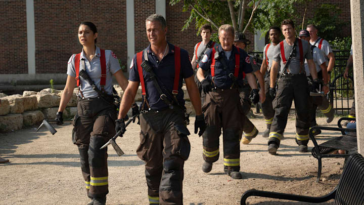 CHICAGO FIRE -- "Ride the Blade" Episode 13002 -- Pictured: (l-r) Miranda Rae Mayo as Stella Kidd, Taylor Kinney as Kelly Severide, Michael Bradway as Damon, Christian Stolte as Randy "Mouch" McHolland, Daniel Kyri as Darren Ritter, Jake Lockett as Sam Carver -- (Photo by: Peter Gordon/NBC)