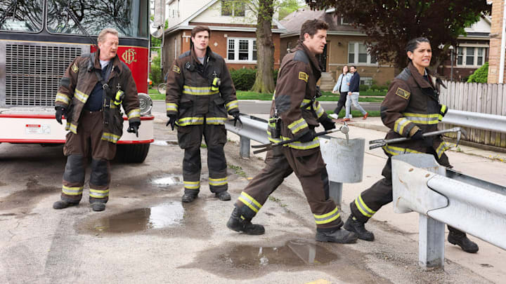 CHICAGO FIRE -- "Never Say Goodbye" Episode 12013 -- Pictured: (l-r) Christian Stolte as Randy "Mouch" McHolland, Michael Bradway as Damon, Jake Lockett as Sam Carver, Miranda Rae Mayo as Stella Kidd -- (Photo by: Adrian S Burrows Sr/NBC)