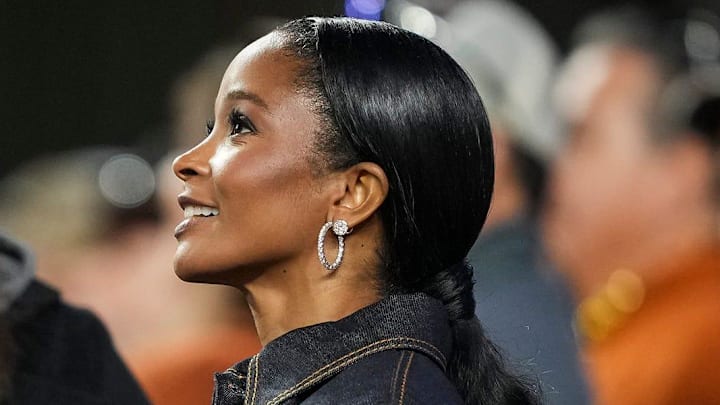 Loreal Sarkisian, wife of Texas Longhorns head coach Steve Sarkisian, watches warm ups before the game against Texas Tech at Darrell K Royal Texas Memorial Stadium on Friday, Nov. 24, 2023. Loreal Sarkisian, wife of Texas Longhorns head coach Steve Sarkisian, watches warm ups before the game against Texas Tech at Darrell K Royal Texas Memorial Stadium on Friday, Nov. 24, 2023.