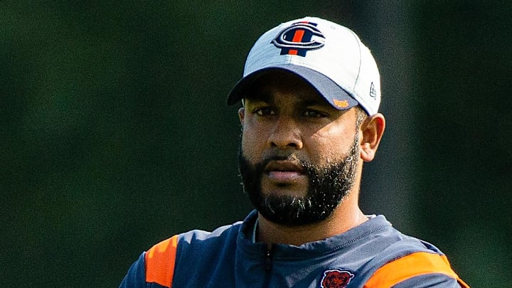Jul 29, 2021; Lake Forest, IL, USA; Chicago Bears defensive coordinator Sean Desai walks on the field during a Chicago Bears training camp session at Halas Hall. Mandatory Credit: Jon Durr-Imagn Images Jul 29, 2021; Lake Forest, IL, USA; Chicago Bears defensive coordinator Sean Desai walks on the field during a Chicago Bears training camp session at Halas Hall. Mandatory Credit: Jon Durr-Imagn Images