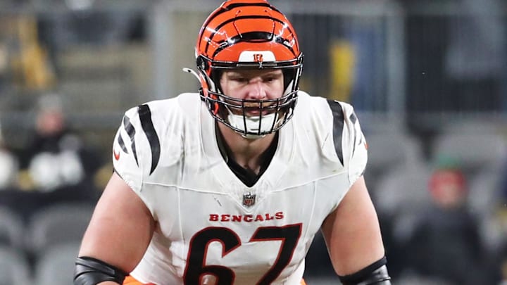 Jan 4, 2025; Pittsburgh, Pennsylvania, USA;  Cincinnati Bengals guard Cordell Volson (67) at the line of scrimmage against the Pittsburgh Steelers during the second quarter at Acrisure Stadium. Mandatory Credit: Charles LeClaire-Imagn Images