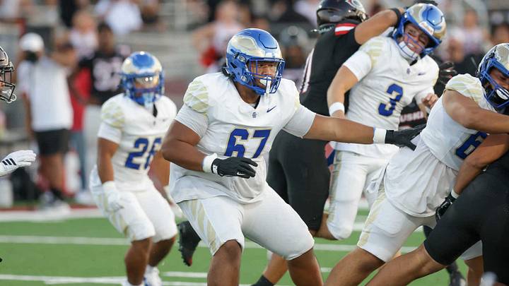 Santa Margarita's 6-1, 315-pound junior Elyjah Aiava protects in a game against Corona Centennial. The Eagles got 111 yards rushing and one touchdown from sophomore Adrian Petero in a 21-20 win over Centennial on Friday to move into the state's No. 1 ranking. They are the defending state Open Division champions. 