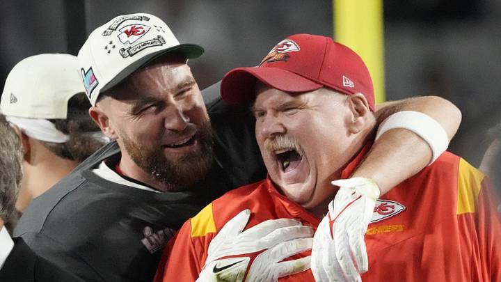 Kansas City Chiefs tight end Travis Kelce (87) hugs Chiefs Head Coach Andy Reid as Tammy Reid looks on after the Chiefs won Super Bowl LVII, defeating the the Philadelphia Eagles, 38-35, on Sunday, Feb. 12, 2023, at State Farm Stadium in Glendale, Arizona. Kansas City Chiefs tight end Travis Kelce (87) hugs Chiefs Head Coach Andy Reid as Tammy Reid looks on after the Chiefs won Super Bowl LVII, defeating the the Philadelphia Eagles, 38-35, on Sunday, Feb. 12, 2023, at State Farm Stadium in Glendale, Arizona.