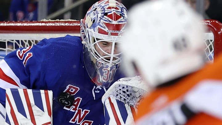 Mar 26, 2024; New York, New York, USA; New York Rangers goaltender Igor Shesterkin (31) makes a save
