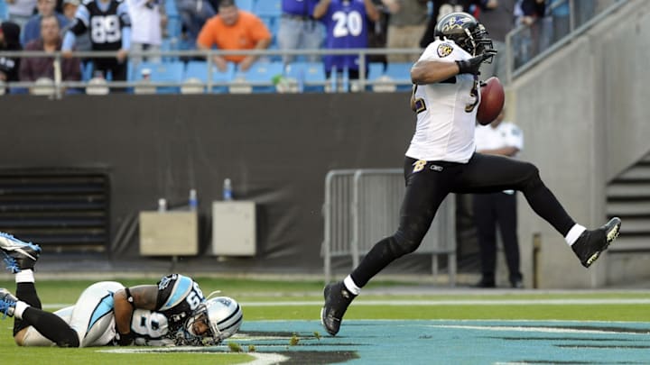 Nov. 21, 2010; Charlotte, NC, USA; Baltimore Ravens inside line backer Ray Lewis (52) scores a touchdown on an interception return during the game against the Carolina Panthers at Bank of America Stadium. The Ravens win over the Panthers 37-13. 