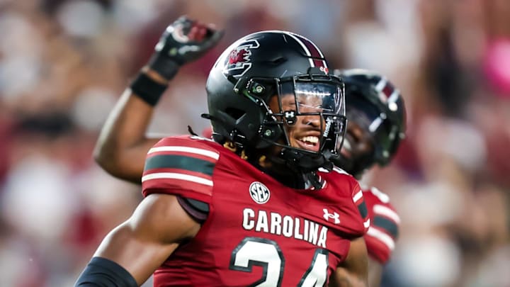 Aug 31, 2024; Columbia, South Carolina, USA; South Carolina Gamecocks defensive back Jalon Kilgore (24) celebrates after a fumble recovery against the Old Dominion Monarchs in the second half at Williams-Brice Stadium. Aug 31, 2024; Columbia, South Carolina, USA; South Carolina Gamecocks defensive back Jalon Kilgore (24) celebrates after a fumble recovery against the Old Dominion Monarchs in the second half at Williams-Brice Stadium.