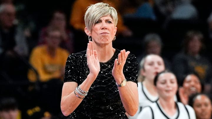 Iowa head coach Jan Jensen reacts during a basketball game against the Lindenwood Lions Dec. 13, 2025 at Carver-Hawkeye Arena in Iowa City, Iowa.