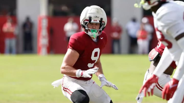 Alabama Tight End Marshall Pritchett (9) in action during the Scrimmage at Thomas-Drew Practice Fields in Tuscaloosa, AL on Friday, Mar 27, 2026. Alabama Tight End Marshall Pritchett (9) in action during the Scrimmage at Thomas-Drew Practice Fields in Tuscaloosa, AL on Friday, Mar 27, 2026.
