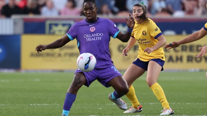 May 23, 2025; Sandy, Utah, USA; Orlando Pride forward Barbra Banda (22) traps the ball during the first half of the game against the Utah Royals FC at America First Field. Mandatory Credit: Rob Gray-Imagn Images