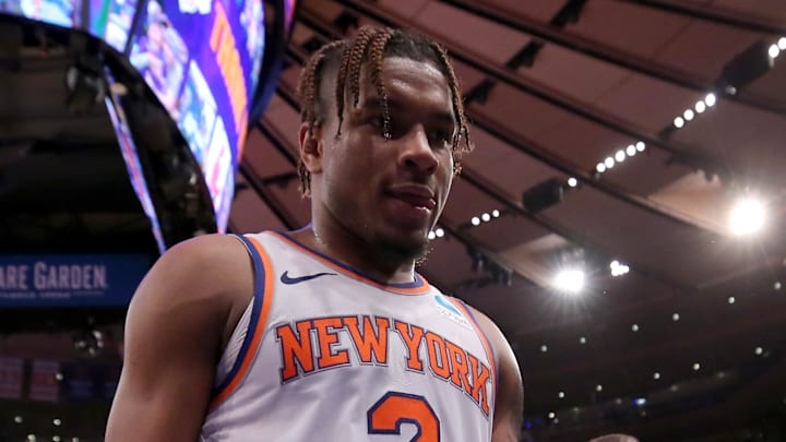 May 19, 2024; New York, New York, USA; New York Knicks guard Miles McBride (2) leaves the court after losing game seven of the second round of the 2024 NBA playoffs to the Indiana Pacers at Madison Square Garden. Mandatory Credit: Brad Penner-Imagn Images May 19, 2024; New York, New York, USA; New York Knicks guard Miles McBride (2) leaves the court after losing game seven of the second round of the 2024 NBA playoffs to the Indiana Pacers at Madison Square Garden. Mandatory Credit: Brad Penner-Imagn Images