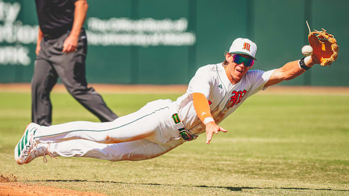 Miami Hurricanes second baseman Jake Ogden making a great catch against Lehigh. Miami Hurricanes second baseman Jake Ogden making a great catch against Lehigh.