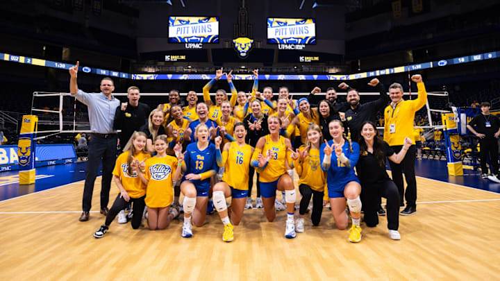 No. 1 Pitt Volleyball Celebrates their sweep over rival No. 3 Penn State at the Petersen Events Center. 