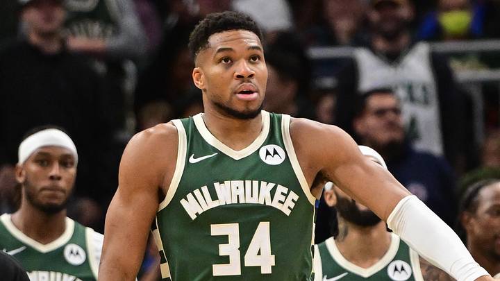 Milwaukee Bucks forward Giannis Antetokounmpo (34) reacts (Mandatory Credit: Benny Sieu-Imagn Images)