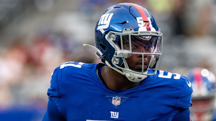 Aug 21, 2022; East Rutherford, New Jersey, USA; New York Giants linebacker Azeez Ojulari (51) warms up prior to the preseason game against the Cincinnati Bengals at MetLife Stadium. Mandatory Credit: John Jones-Imagn Images