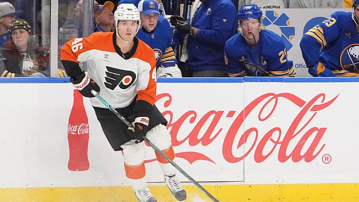 Oct 21, 2026; Buffalo, New York, USA; Philadelphia Flyers center Trevor Zegras (46) controls the puck against the Buffalo Sabres during the third period at KeyBank Center. Oct 21, 2026; Buffalo, New York, USA; Philadelphia Flyers center Trevor Zegras (46) controls the puck against the Buffalo Sabres during the third period at KeyBank Center.