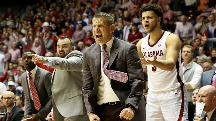 Alabama Head Coach Nate Oats, assistant coach Bryan Hodgson and the bench erupt after an apparent foul was not called. Alabama defeated Auburn 83-64 in Coleman Coliseum Wednesday, Jan. 15, 2020. [Staff Photo/Gary Cosby Jr.]

Alabama Vs Auburn Men S Basketball