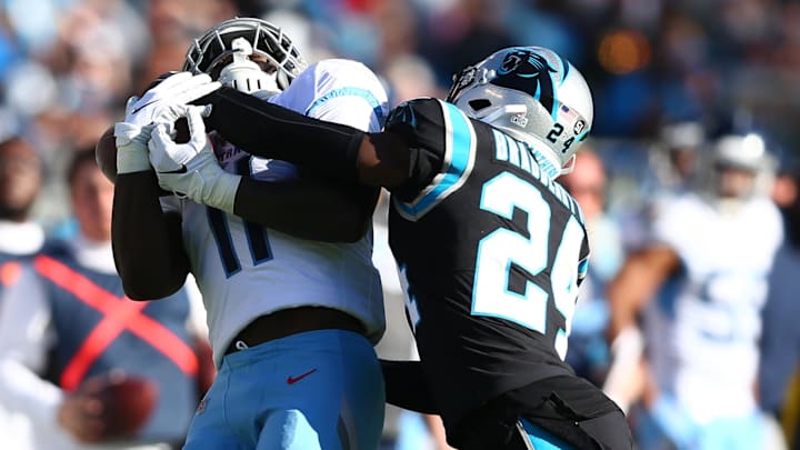 Tennessee Titans wide receiver A.J. Brown (11) catches a pass against Carolina Panthers cornerback James Bradberry Tennessee Titans wide receiver A.J. Brown (11) catches a pass against Carolina Panthers cornerback James Bradberry