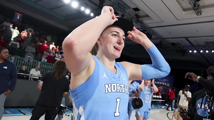 Nov 25, 2024; Paradise Island, Bahamas, BHS; North Carolina Tar Heels guard Alyssa Ustby (1) celebrates after the win against the Indiana Hoosiers at the Atlantis Resort. Mandatory Credit: Kevin Jairaj-Imagn Images