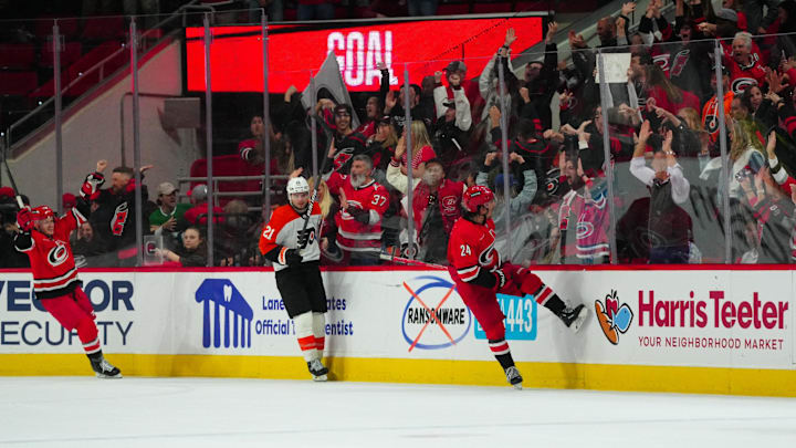 Mar 21, 2024; Raleigh, North Carolina, USA; Carolina Hurricanes center Seth Jarvis (24) celebrates
