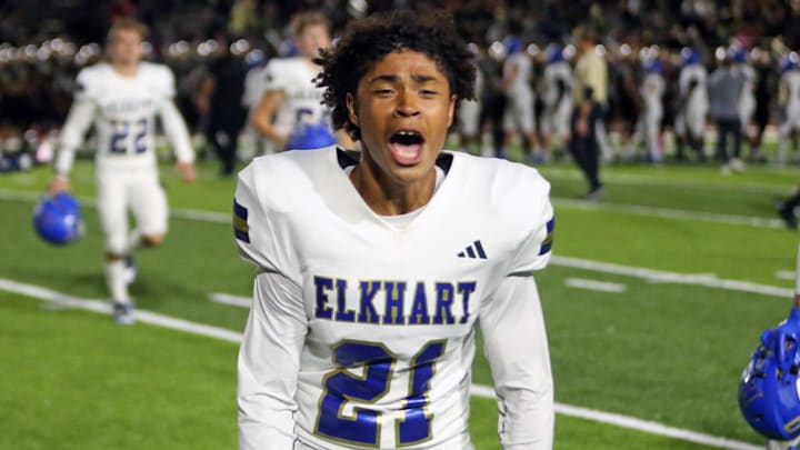 Elkhart senior Owen Aikinson celebrates after the Lions beat Penn, 7-3, in a football game Friday, Oct. 4, 2024, at Penn High School in Mishawaka.