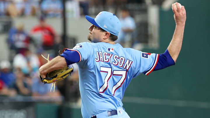 Jun 15, 2025; Arlington, Texas, USA;  Texas Rangers relief pitcher Luke Jackson (77) throws during the ninth inning against the Chicago White Sox at Globe Life Field.