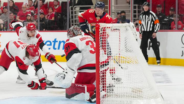 Sep 24, 2025; Raleigh, North Carolina, USA;  Florida Panthers center Ryan McAllister (76) shot is stopped by Carolina Hurricanes goaltender Frederik Andersen (31) second period at Lenovo Center. Mandatory Credit: James Guillory-Imagn Images