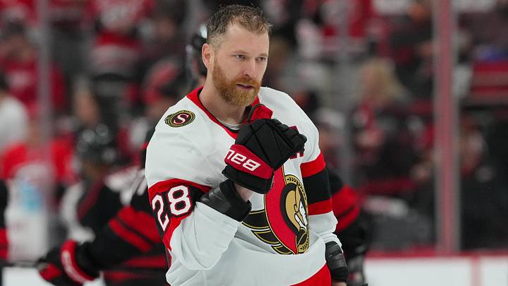 Apr 20, 2026; Raleigh, North Carolina, USA; Ottawa Senators right wing Claude Giroux (28) looks on during the warmups before the game against the Carolina Hurricanes in game two of the first round of the 2026 Stanley Cup Playoffs at Lenovo Center.