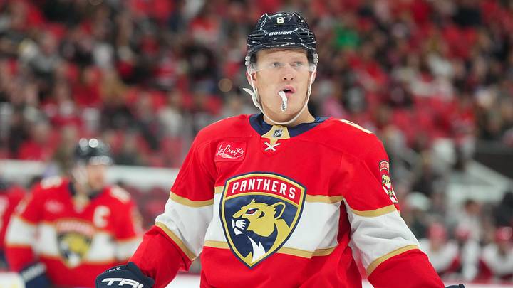 Florida Panthers Brady Tkachuk (8) looks on against the Carolina Hurricanes during the second period at Lenovo Center. Mandatory Credit: James Guillory-Imagn Images Florida Panthers Brady Tkachuk (8) looks on against the Carolina Hurricanes during the second period at Lenovo Center. Mandatory Credit: James Guillory-Imagn Images